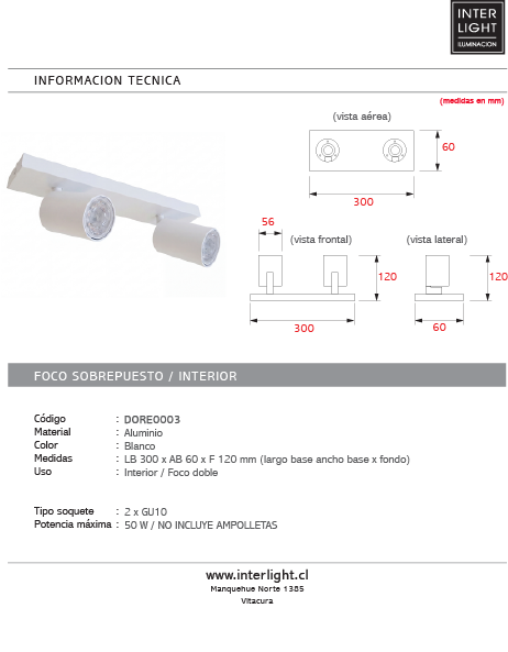 Foco dirigible aluminio blanco  2 luces GU10 -  DORE0003