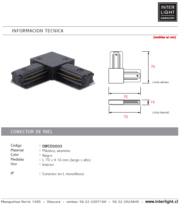 Unión tipo L para riel monofásico negro - DWCO0003