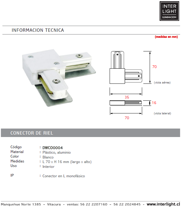 Unión tipo L para riel monofásico blanco - DWCO0004