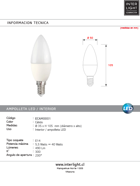 Ampolleta vela E14 3000K 5.5W - ECAM0001