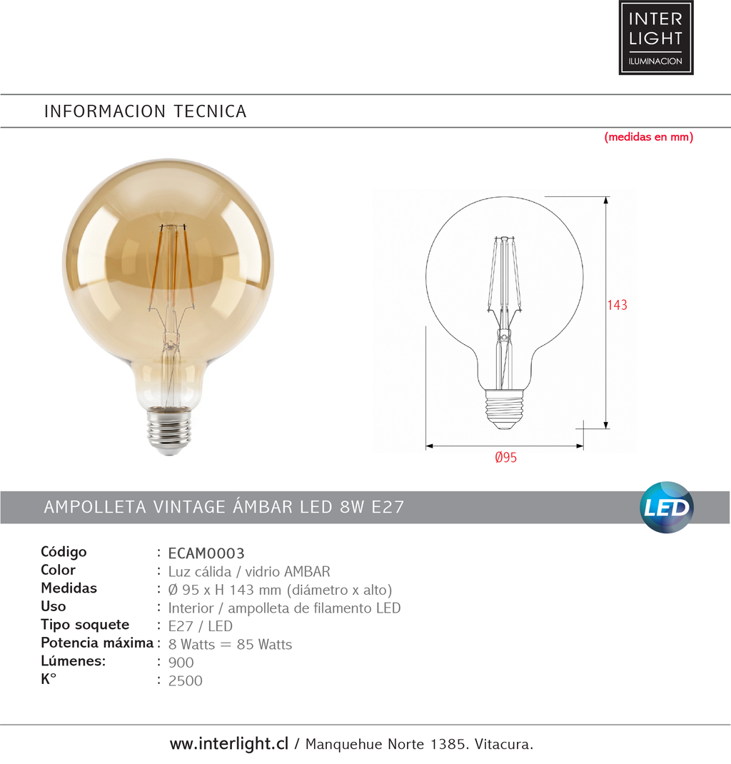 Ampolleta vintage ámbar LED 8W E27 - ECAM0003