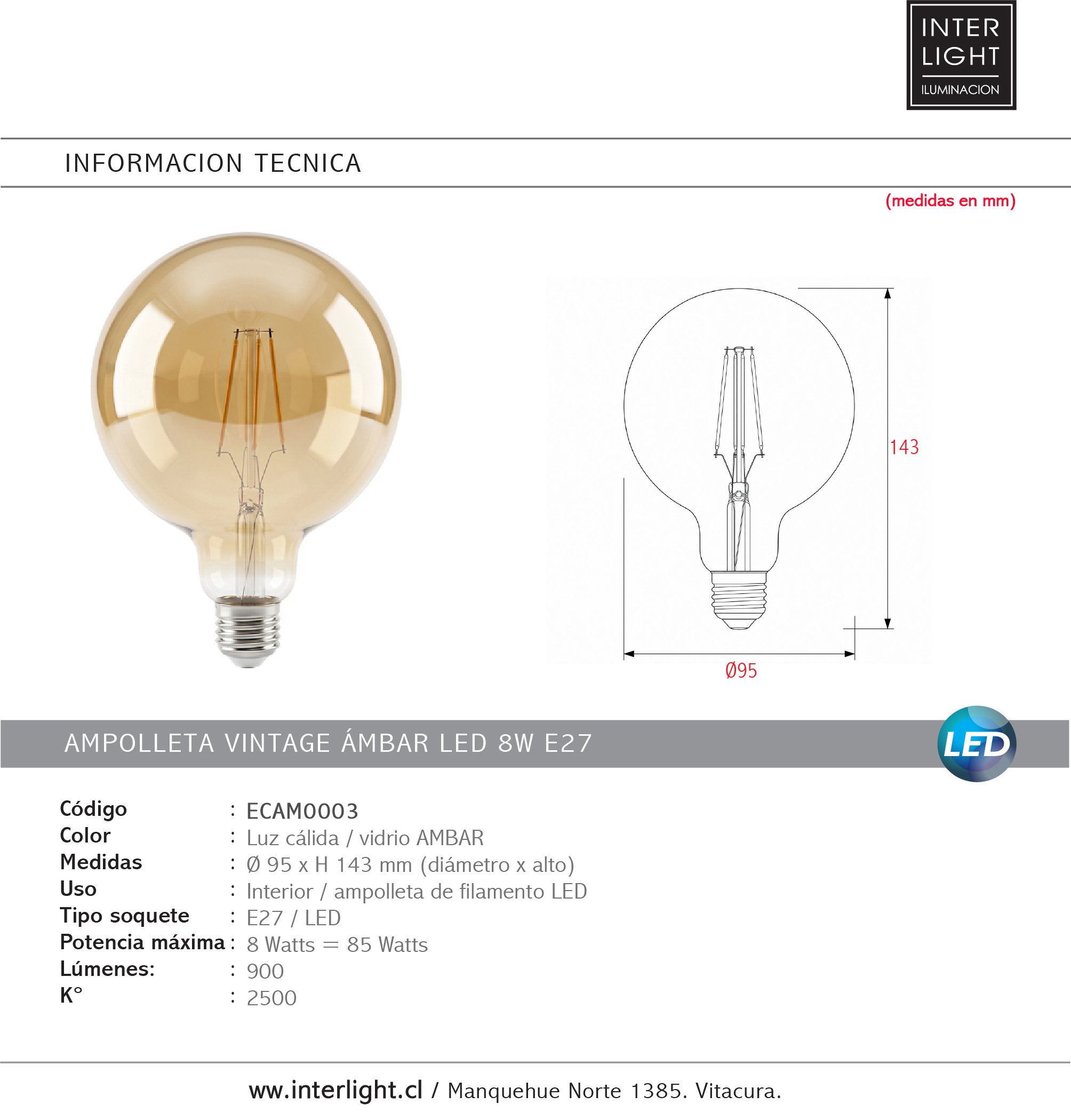 Ampolleta vintage ámbar LED 8W E27 - ECAM0003