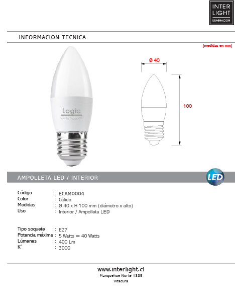 Ampolleta vela E27 3000K 5W - ECAM0004
