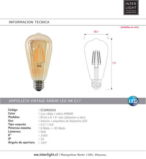 Ampolleta vintage ámbar LED 8W E27 - ECAM0005