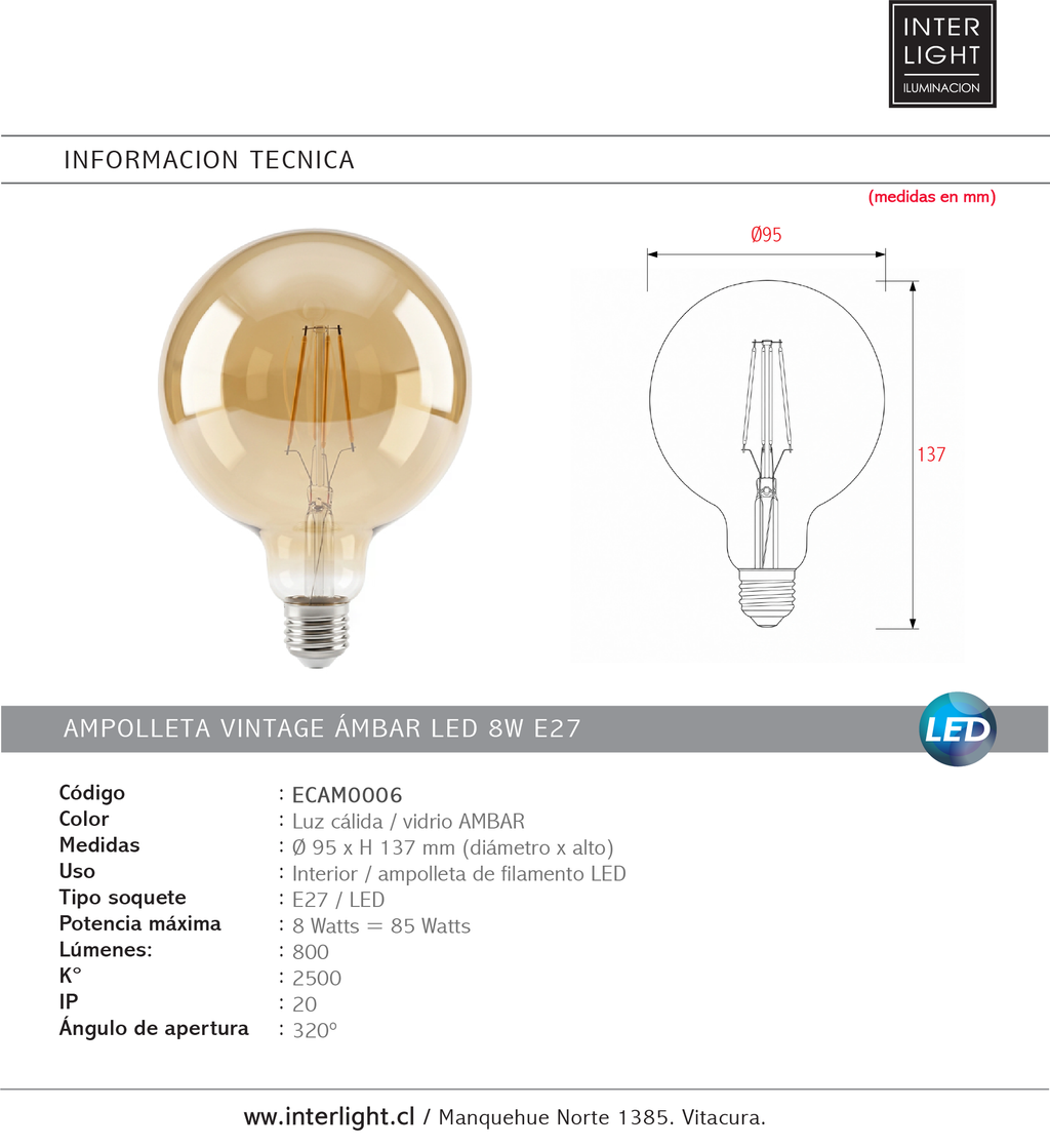 Ampolleta vintage ámbar LED 8W E27 - ECAM0006
