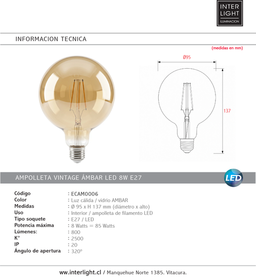 Ampolleta vintage ámbar LED 8W E27 - ECAM0006
