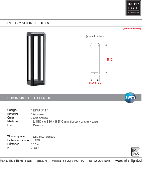 Farol para jardín gris oscuro 15x15x51 cm LED 13W - EPFA0010