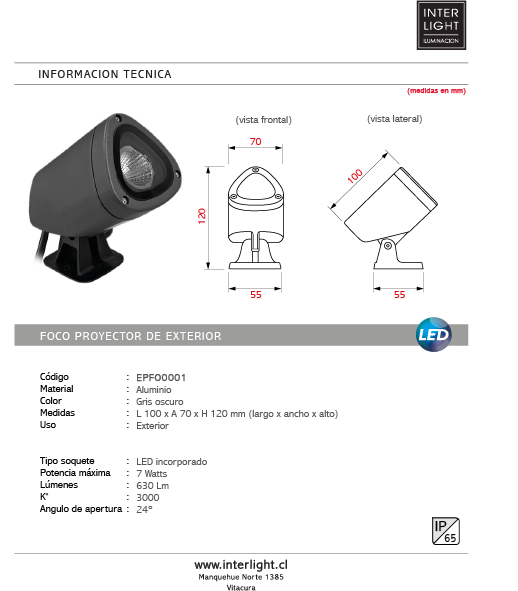 Foco aluminio gris oscuro largo pantalla 10x12 cm alto LED 7W - EPFO0001