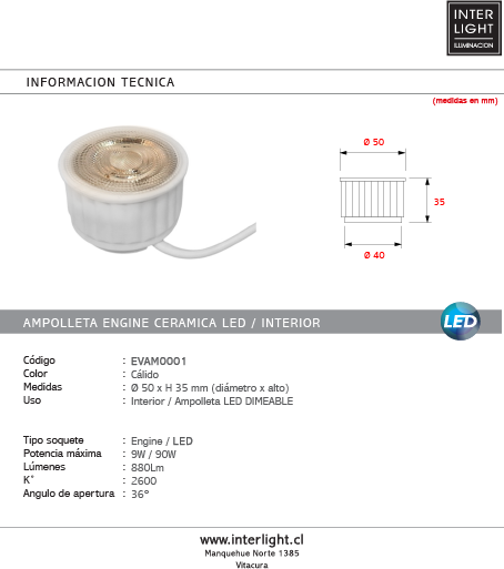 Engine cerámica a 220v inteligente casambi 9W 2600k - EVAM0001