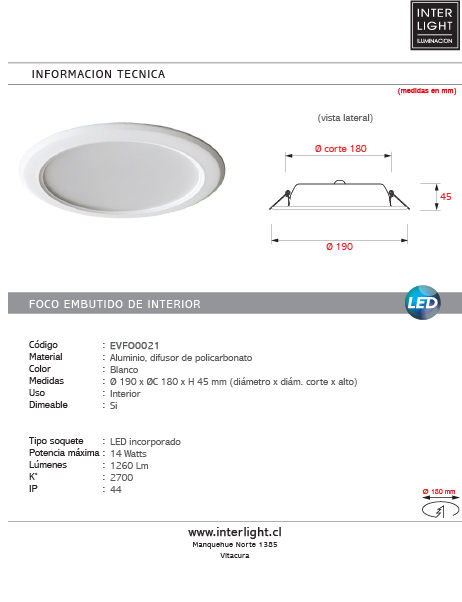 Foco embutido fijo blanco LED 14 W - EVFO0021