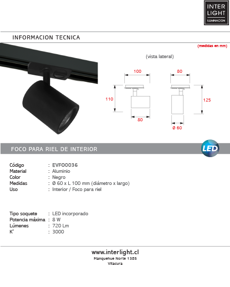 Foco para riel negro LED 8W - EVFO0036