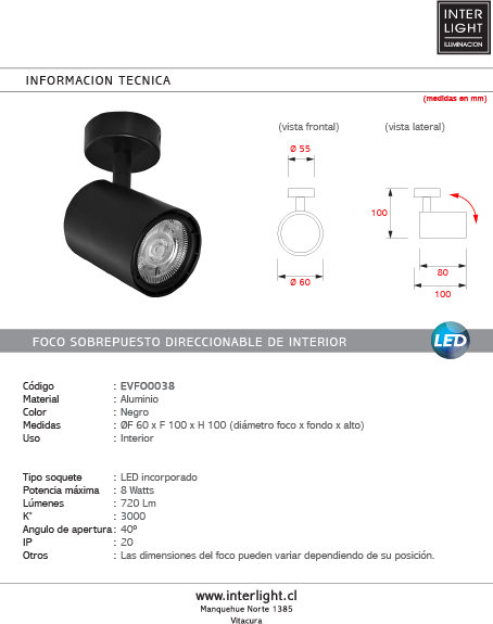 Foco sobrepuesto negro techo muro LED 8W - EVFO0038