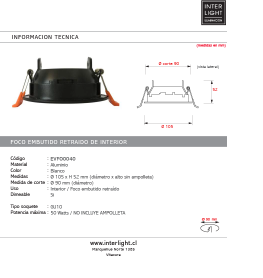 Foco empotrado GU10 SIN TAPA - EVFO0040