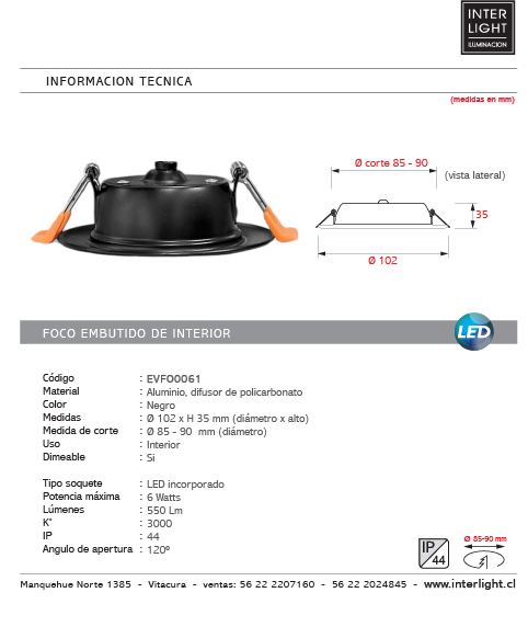 Foco embutido negro dimeable 6W - EVFO0061