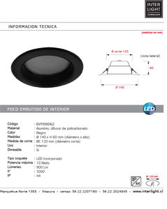 Foco embutido negro dimeable LED 10W - EVFO0062