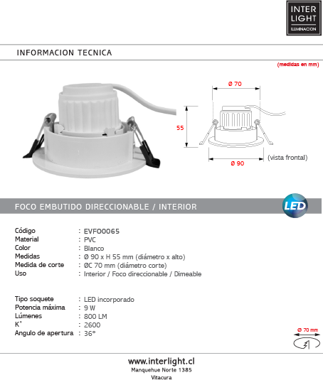 Foco embutido blanco dimeable LED 9W 2600K- EVFO0065