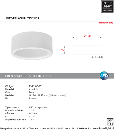 Foco sobrepuesto aluminio blanco interior Ø12x4,5 cm LED 10W - EVPL0007