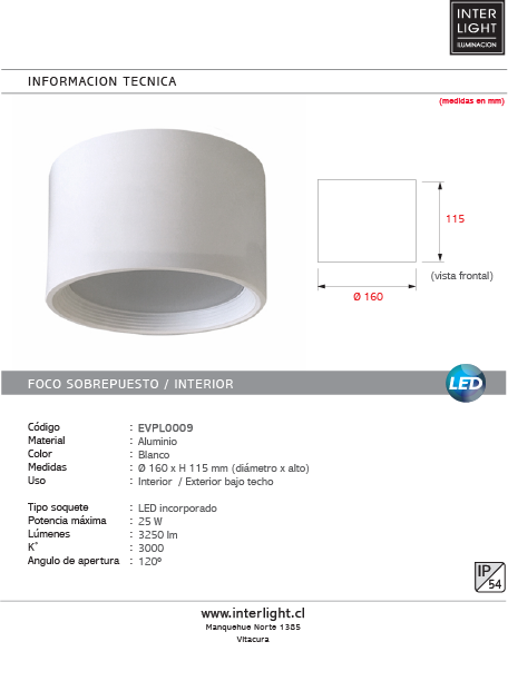 Plafón aluminio balnco Ø16 x 11,5 cm 25W - EVPL0009