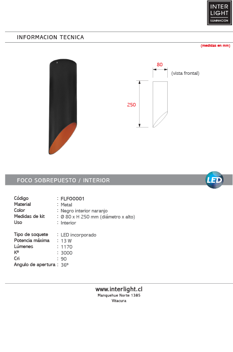 Foco sobrepuesto negro interior naranjo LED 13W 3000K-  FLFO0001