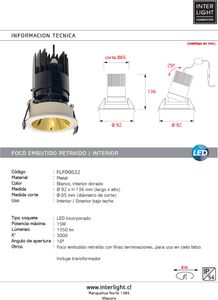 Foco embutido retraído metal blanco interior dorado Ø 9,2 cm LED 15W - FLFO0022