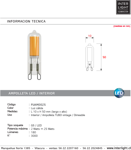 Ampolleta  luz cálida G9/ 2W LED - FUAM0025