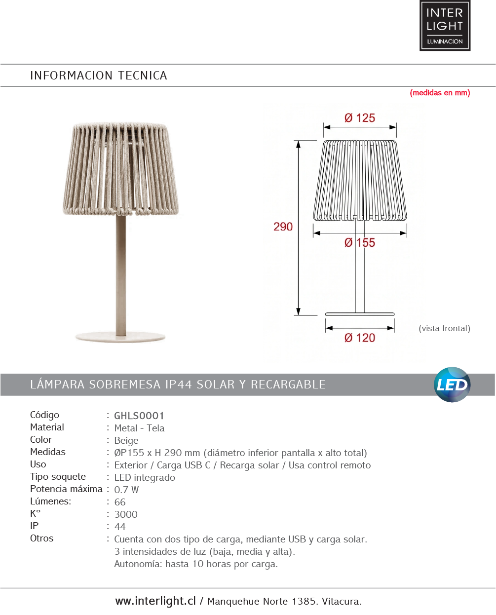 Lámpara sobremesa  IP44 solar y recargable 0.7w 29x15cm - GHLS0001