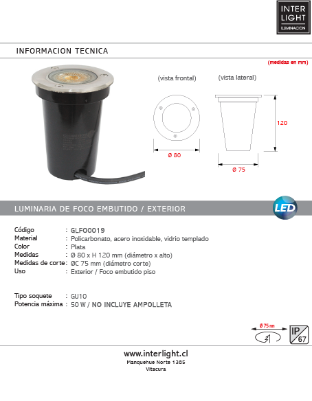 Foco embutido policarbonato y acero inoxidable plata Ø8x12 cm GU10 - GLFO0019