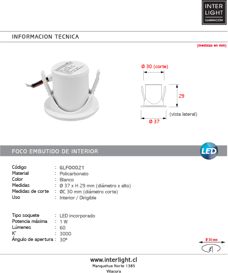 Foco embutido policarbonato blanco Ø3.7 cm 1W LED - GLFO0021