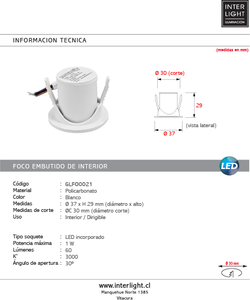 Foco embutido policarbonato blanco Ø3.7 cm 1W LED - GLFO0021