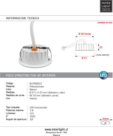 Foco embutido policarbonato blanco Ø5.7 cm 3W LED - GLFO0022
