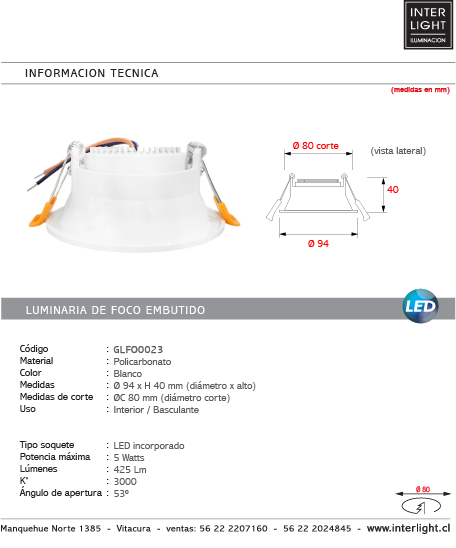 Foco embutido óptica profunda 5w dirigible  - GLFO0023