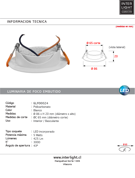 Foco embutido policarbonato Ø8.6cm 5W LED  - GLFO0024
