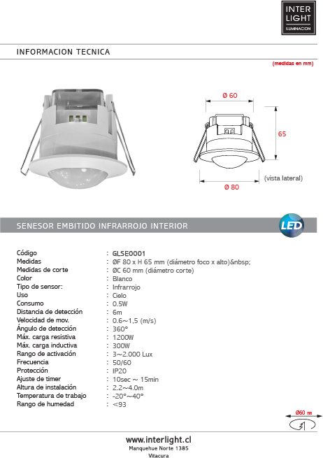 Sensor embutido a techo infrarrojo 360° Blanco - GLSE0001