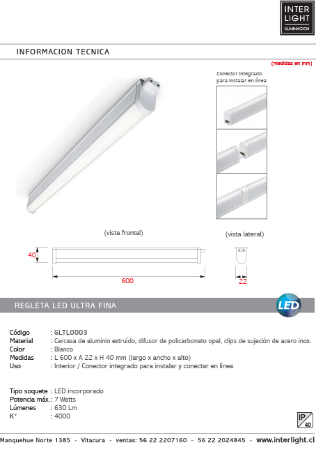 Regleta ultrafina largo 60cm LED IP40 7W 4000K - GLTL0003