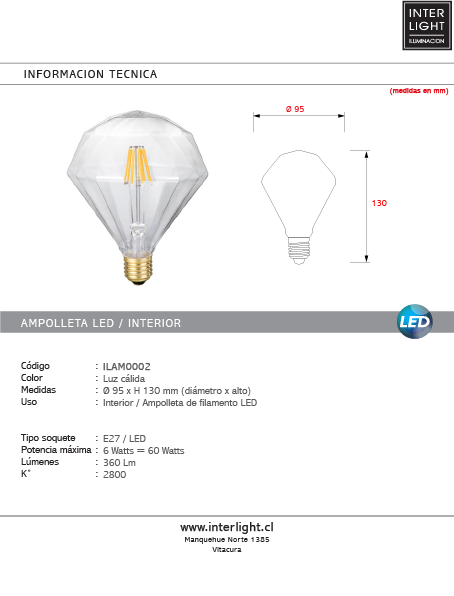 Ampolleta transparente vintage LED E27 6W 220V- ILAM0002