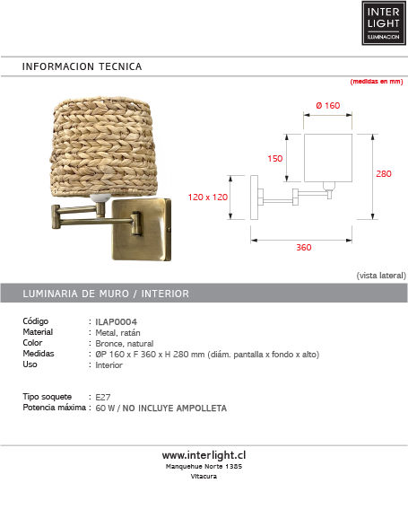 Aplique metal bronce ratán natural E27 - ILAP0004