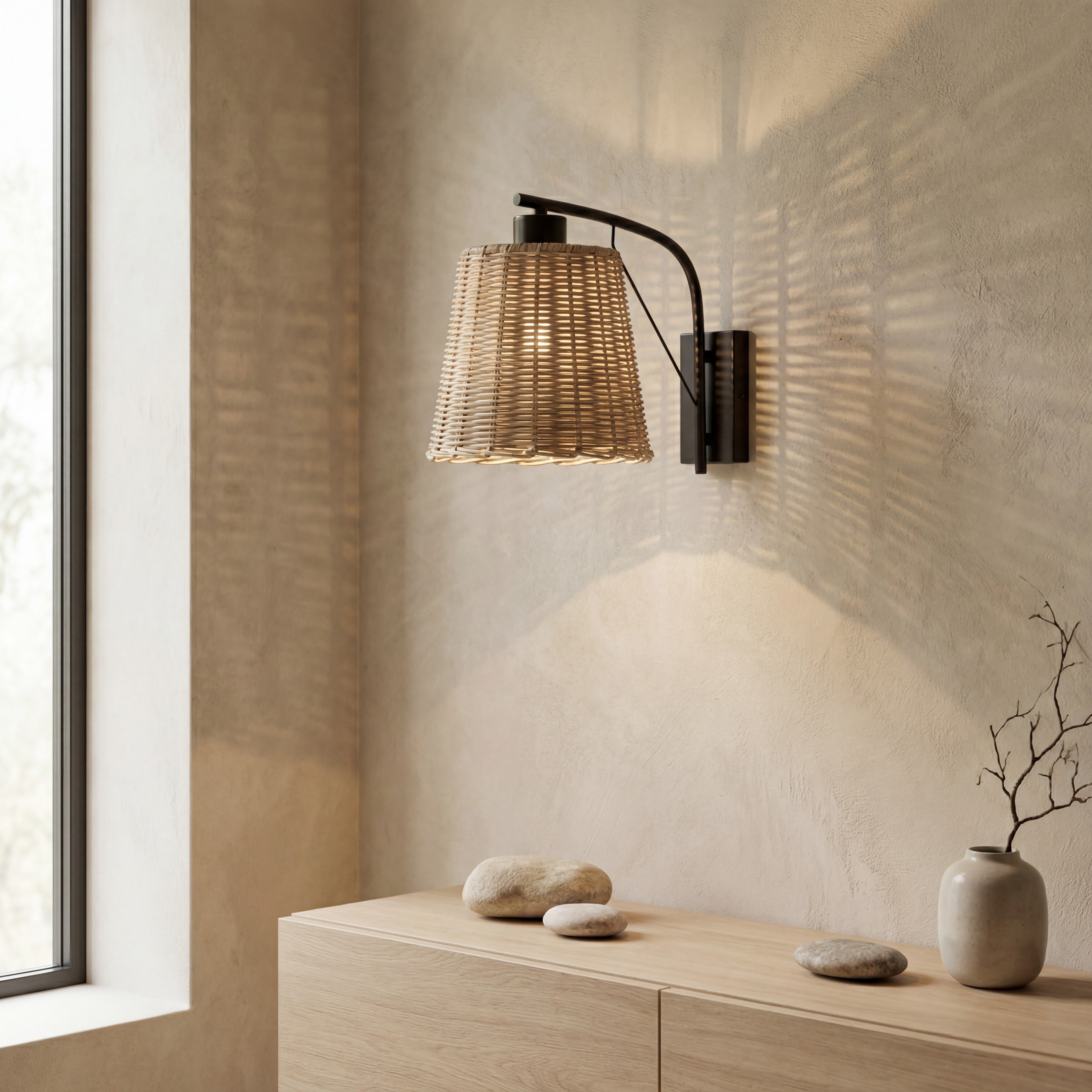 Aplique metal negro ratán natural Ø20 cm E27 - ILAP0005