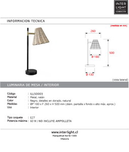 Lámpara de mesa metal negro ratán natural E27 - ILLS0003