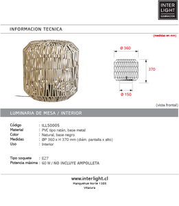 Lámpara de mesa PVC tipo ratán natural Ø36x37 cm E27 - ILLS0005