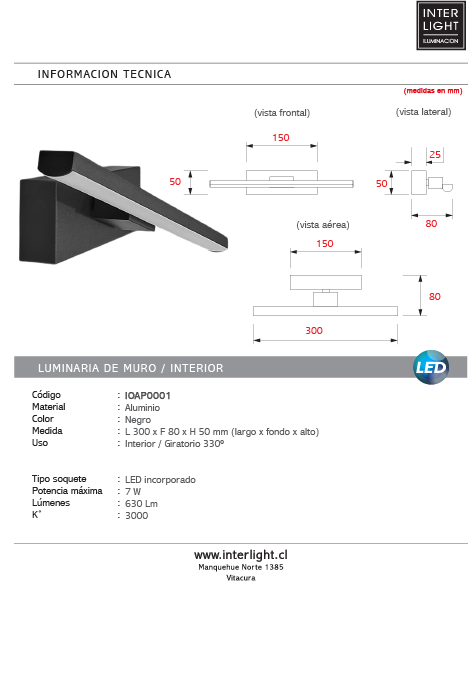 Aplique metal negro giratorio 30 cm 7W LED - IOAP0001