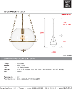 Lámpara colgante metal oro vidrio transparente  Ø28x53 cm E27 - IXLC0085