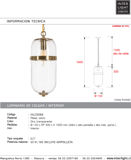 Lámpara colgante metal oro transparente  Ø13x30 cm E27 - IXLC0086