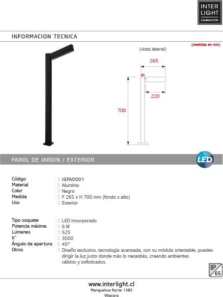 Farol de jardín aluminio negro 26,5x70 cm 6W LED - JGFA0001