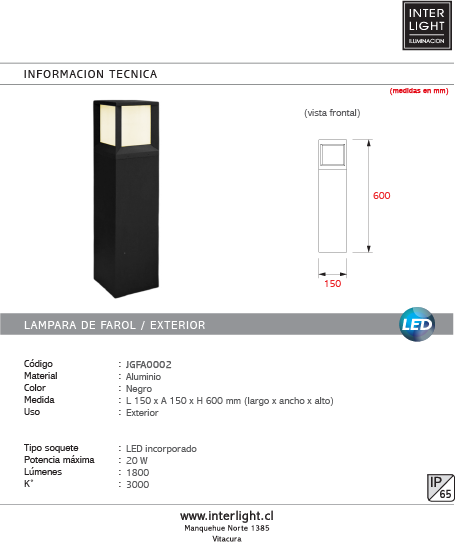 Farol de jardín aluminio negro 15x15x60 cm 20W LED - JGFA0002