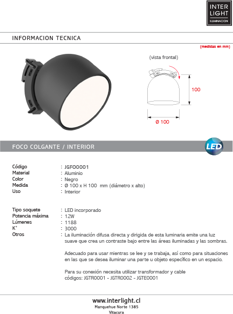 Foco colgante aluminio negro Ø10x10 cm 12W LED - JGFO0001