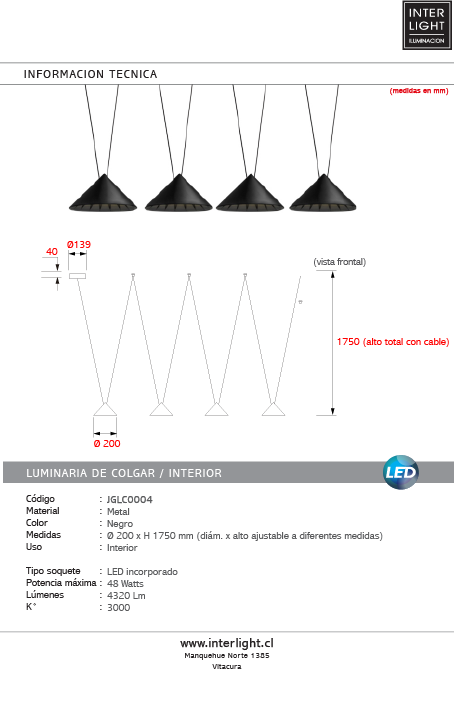 Lámpara colgante negro 4 luces LED 40W - JGLC0004
