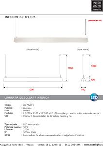 Lámpara colgante aluminio blanco 1,20 cm LED 30W - JGLC0021
