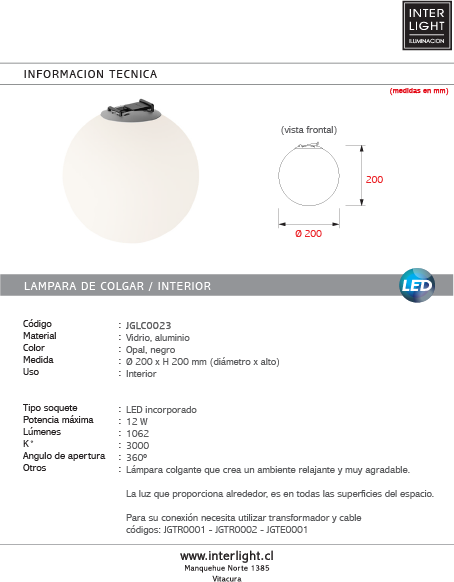 Lámpara colgante vidiro opal Ø20x20 cm 12W LED - JGLC0023