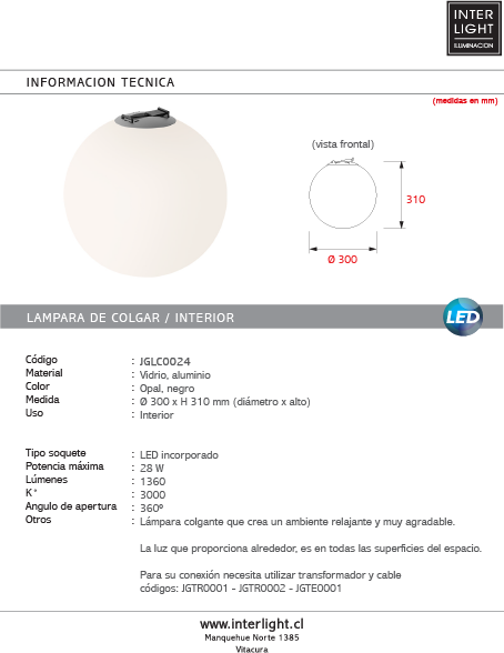 Lámpara colgante vidiro opal Ø30x31 cm 28 W LED - JGLC0024