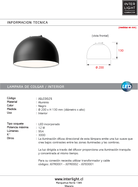 Lámpara colgante aluminio negro Ø20x13 cm 12W LED  - JGLC0025